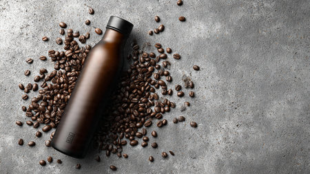 Bottle of tasty coffee drink and beans on grey table, top viewの写真素材