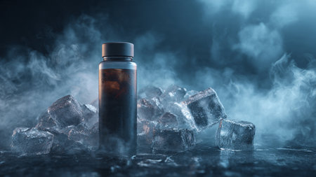 Medicine bottle with ice cubes on black background. Alternative medicine concept.の写真素材