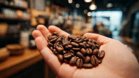 Coffee beans in hand. Coffee shop background. Close up.の写真素材