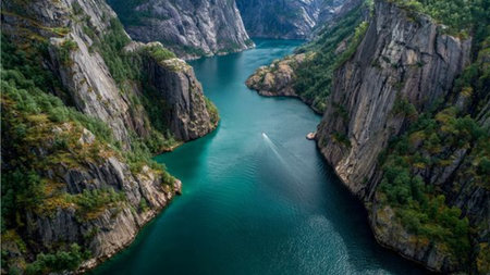Aerial view of the Geiranger fjord in Norwayの写真素材