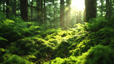 Mossy forest with sunbeams and rays of light.の写真素材