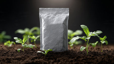 Plastic bag with seedling on soil. 3d rendering.の写真素材