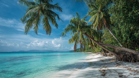 Tropical beach with coconut palm trees at Seychellesの写真素材