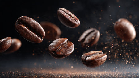 Flying coffee beans on a black background. Coffee beans levitate in the air.の写真素材