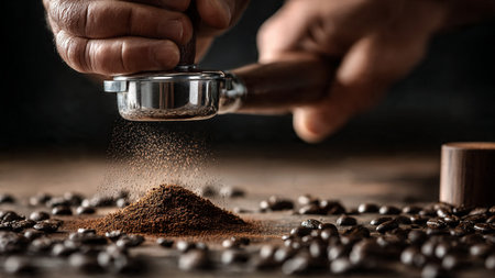 Coffee grinder with ground coffee and roasted coffee beans.の写真素材