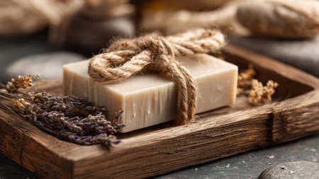 Wooden tray with natural soap and lavender flowers on table, closeupの写真素材