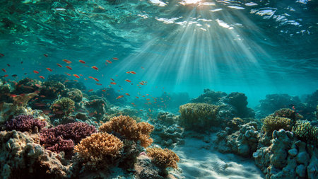 Underwater view of coral reef with fishes and rays of light.の写真素材