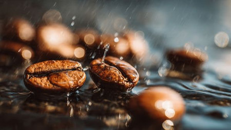 Coffee beans on water surface with drops of water and bokehの写真素材