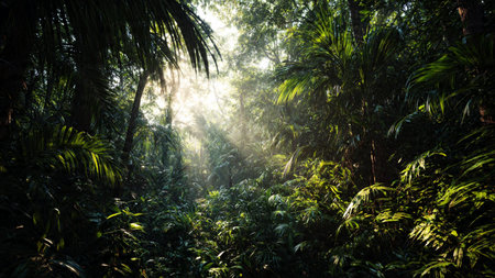 Beautiful tropical forest with sunlight rays in the morning. Nature backgroundの写真素材
