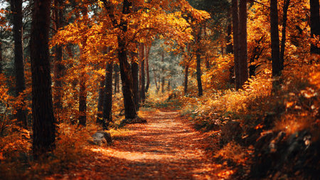 Autumn forest. Path in the autumn forest. Beautiful autumn forestの写真素材