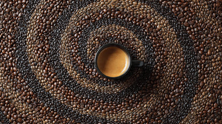 Cup of coffee and coffee beans on dark background, top viewの写真素材