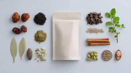 Top view of set of spices, herbs and dried fruits on grey backgroundの写真素材