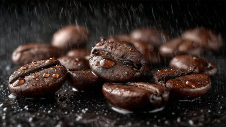 Coffee beans with water drops on dark background, closeupの写真素材