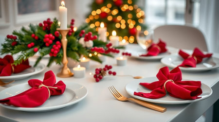 Festive table setting with red napkins, candles and Christmas tree in the backgroundの写真素材