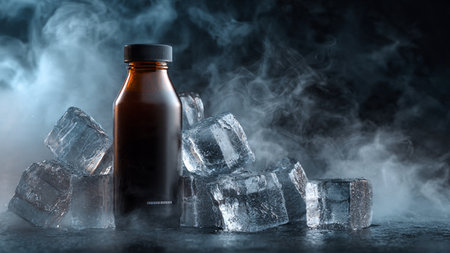 Glass bottle and ice cubes on dark background. 3d rendering.の写真素材