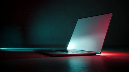 Laptop with red glowing screen on dark background. 3D renderingの写真素材