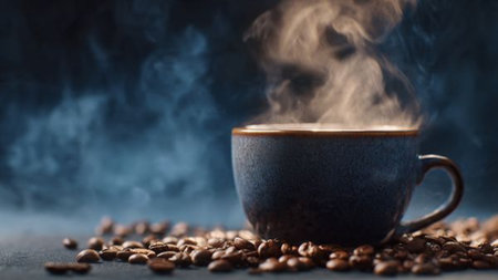 Coffee cup and coffee beans on a dark background with smokeの写真素材
