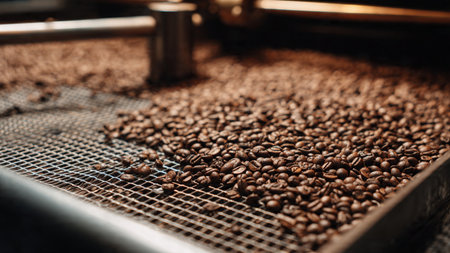 Coffee beans on the conveyor belt of a coffee factoryの写真素材