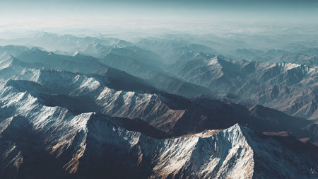 Aerial view of Himalaya mountain range and valley, Nepal.の写真素材