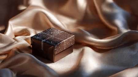 Gift box on golden satin background. Luxury present.の写真素材