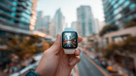 Close up of female hand holding smart watch with blurry cityscape backgroundの写真素材