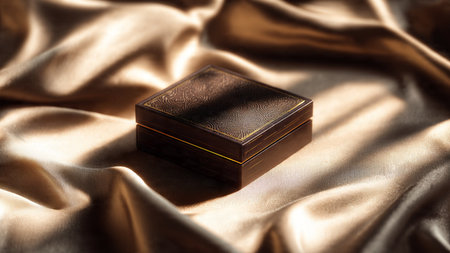 Black box on golden satin background. Luxury jewelry concept.の写真素材
