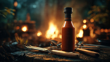 Spicy ketchup in a bottle on a background of burning fireの写真素材
