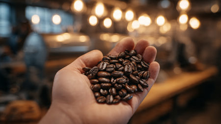 Coffee beans in hand on the background of a coffee shopの写真素材