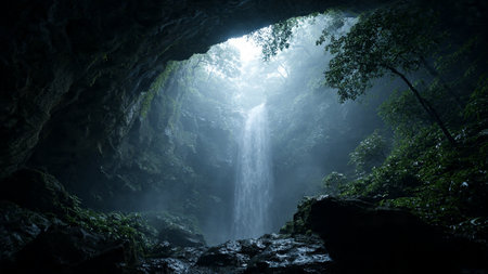 Beautiful waterfall in a dark caveの写真素材