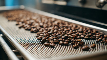 Coffee beans on a conveyor belt in a coffee shopの写真素材
