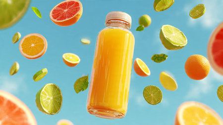 Bottle of fresh orange juice with flying fruits on blue sky backgroundの写真素材