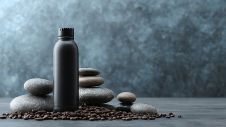 Mockup of black cosmetic bottle with coffee beans on gray backgroundの写真素材