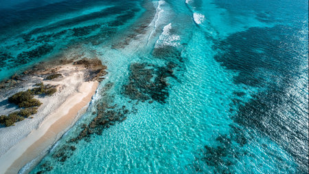 Aerial view of tropical beach with turquoise water and white sandの写真素材