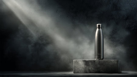 Bottle on concrete platform with spotlights and smoke on dark backgroundの写真素材