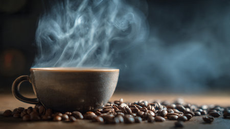 Coffee cup and coffee beans on wooden table with smoke.の写真素材