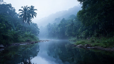 Tropical rainforest and river with reflection in the water.の写真素材