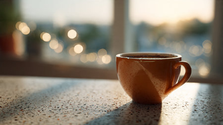 Cup of coffee on the table with bokeh background.の写真素材