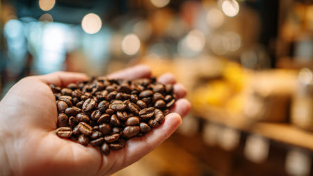Coffee beans in the hand of a woman on a blurred backgroundの写真素材
