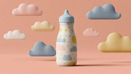 Baby bottle with clouds on pastel background. 3D rendering.の写真素材