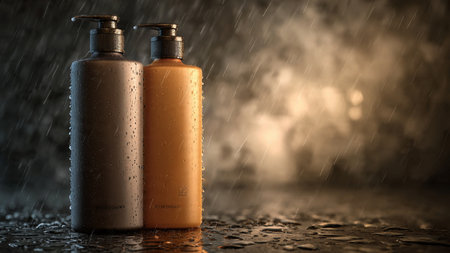 3d render of cosmetic bottles on dark background with rain drops.の写真素材