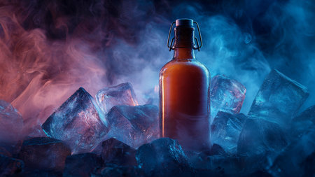 bottle of beer on ice cubes with smoke and fog on dark backgroundの写真素材