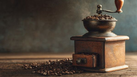 Coffee grinder with coffee beans on a wooden table.の写真素材