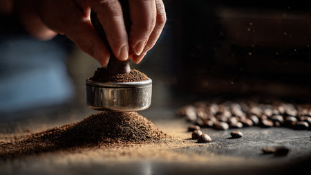 Coffee grinder with roasted coffee beans on a dark backgroundの写真素材