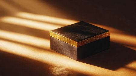 Wooden box on a dark background with rays of lightの写真素材