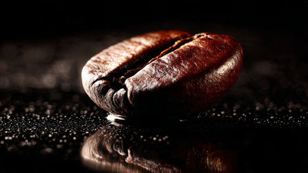 roasted coffee beans on a black background with water drops close-upの写真素材