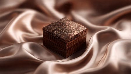 Wooden box on satin background, close-up, selective focusの写真素材
