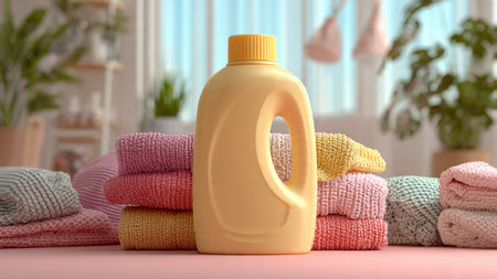 Bottle of laundry detergent and folded towels on table in roomの写真素材