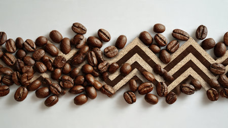Coffee beans and a graph on a white background with copy spaceの写真素材