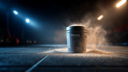 3D rendering of a plastic cup on a wooden floorの写真素材
