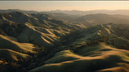 Aerial view of hills and mountains covered with green grass at sunsetの写真素材